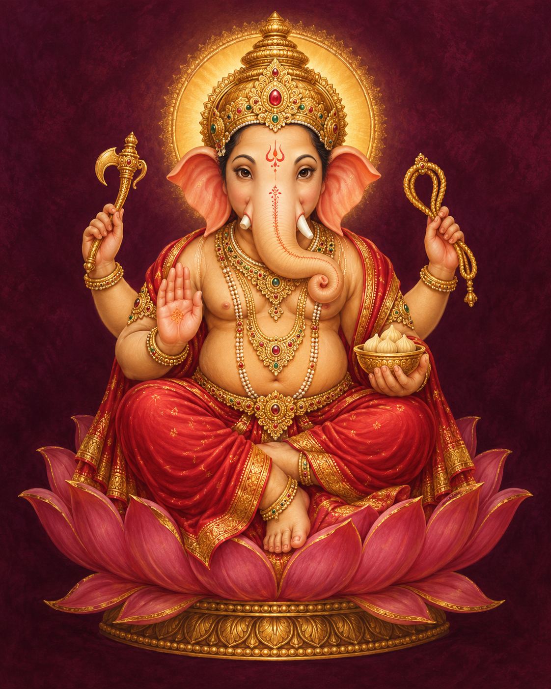 AI-created symbolic devotional illustration of Sri Ganesha; not a photograph of this temple's idol