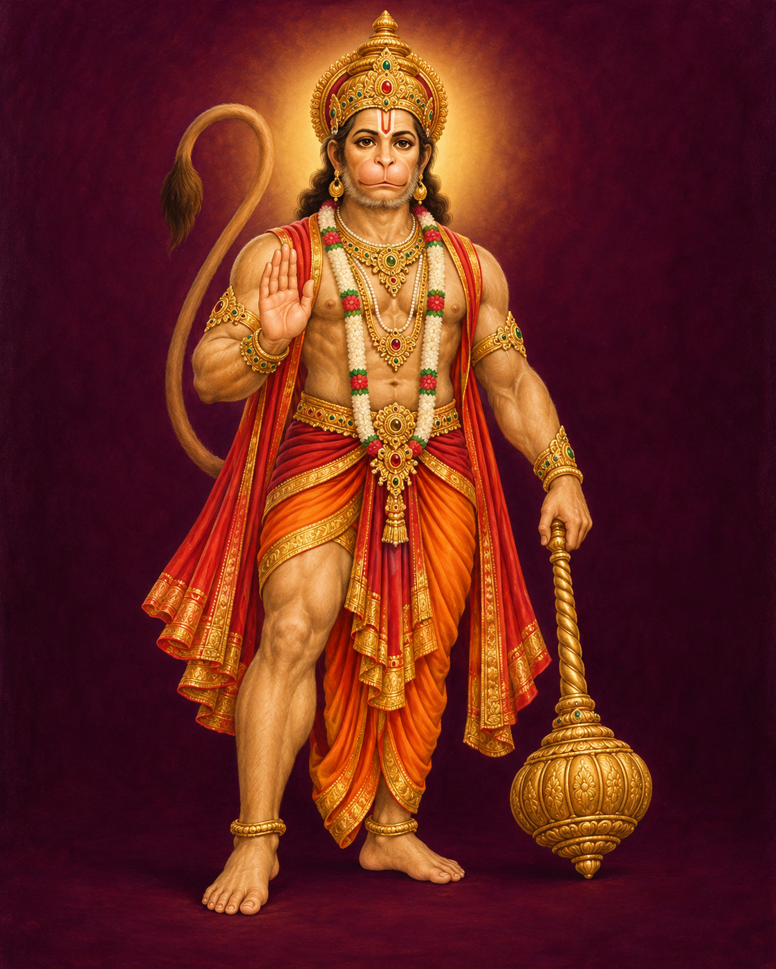 AI-created symbolic devotional illustration of Lord Hanuman; not a photograph of this temple's idol