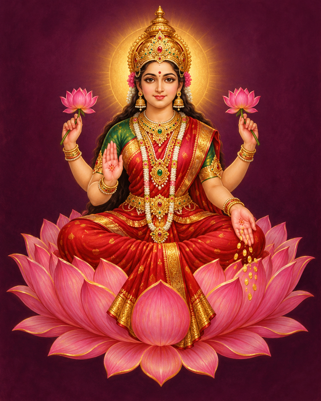 AI-created symbolic devotional illustration of Goddess Mahalakshmi; not a photograph of this temple's idol