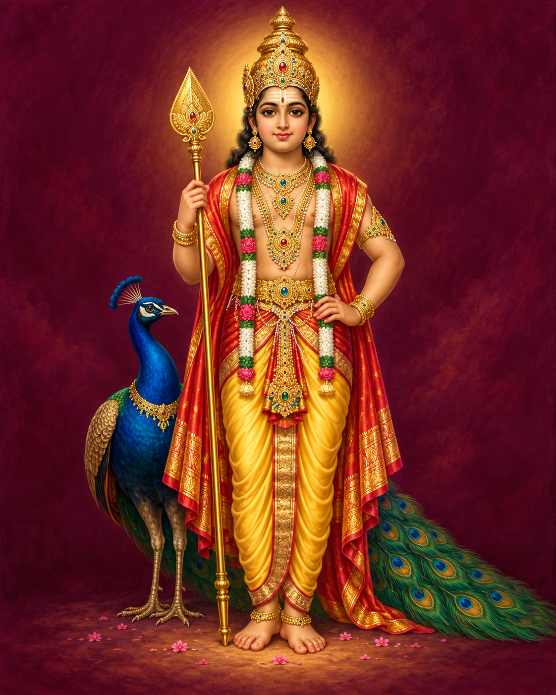 AI-created symbolic devotional illustration of Lord Murugan; not a photograph of this temple's idol