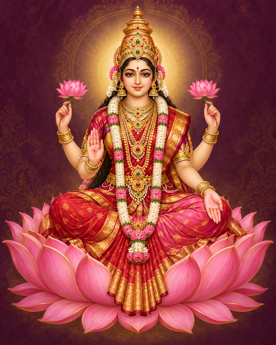AI-created devotional illustration of Sri Padmavathi Devi on a lotus; not a photograph of the Tiruchanur idol