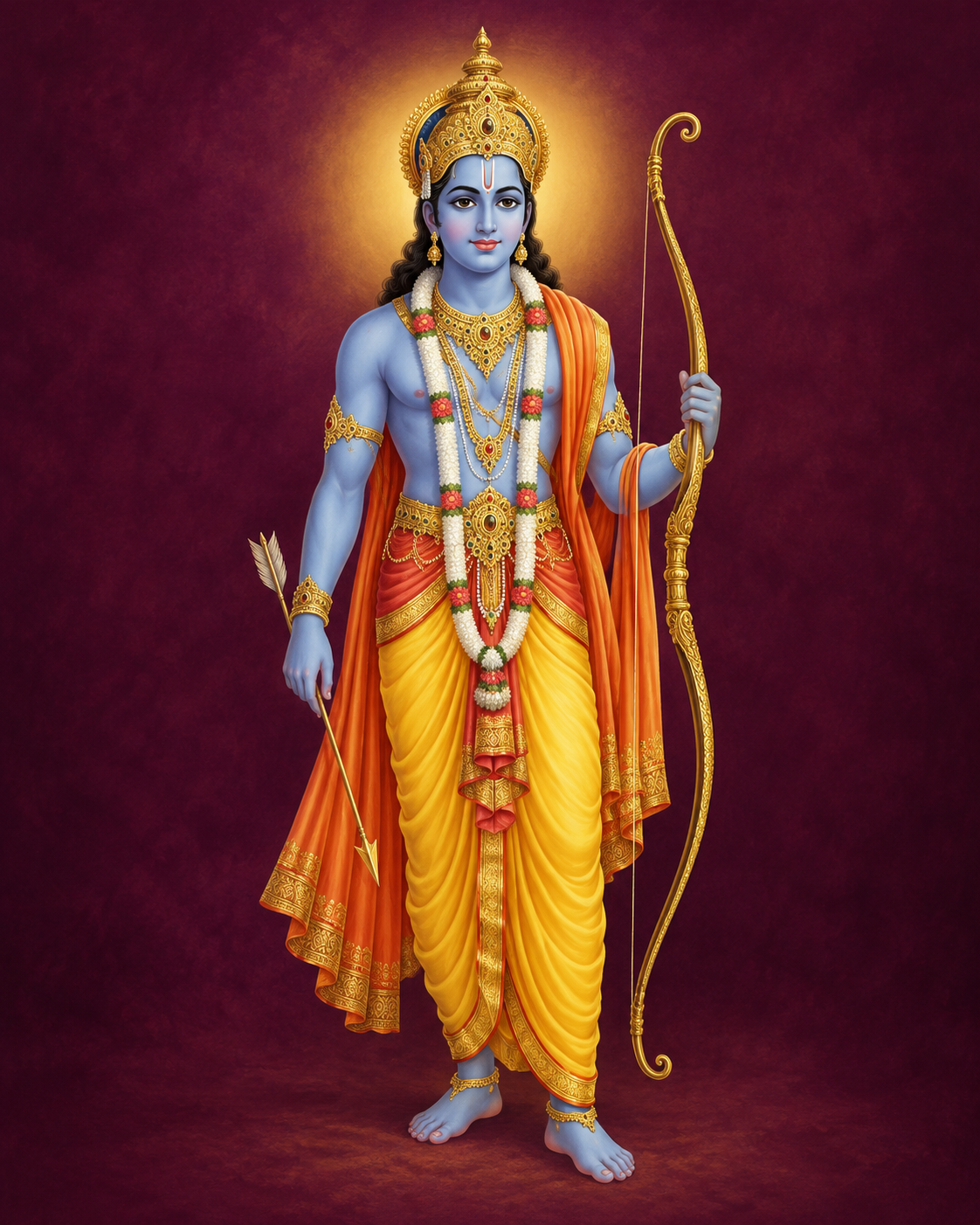 AI-created symbolic devotional illustration of Lord Rama; not a photograph of this temple's idol